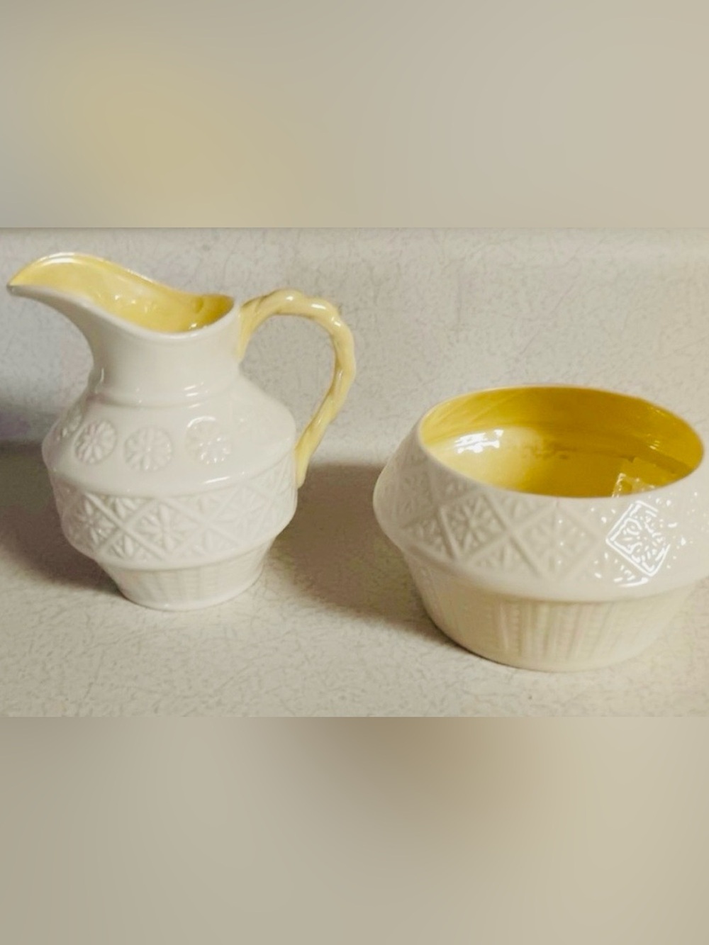 Vintage Belleek Ireland Creamer & Sugar Set | Embossed Basketweave Creamware